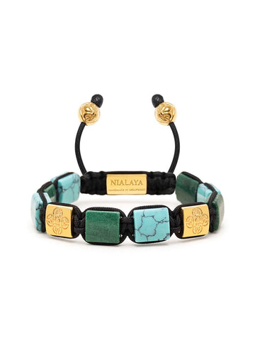 Nialaya Women's Flatbead Bracelet Women's Turquoise and Green Jade Flatbead Bracelet with Gold Plated Dorje